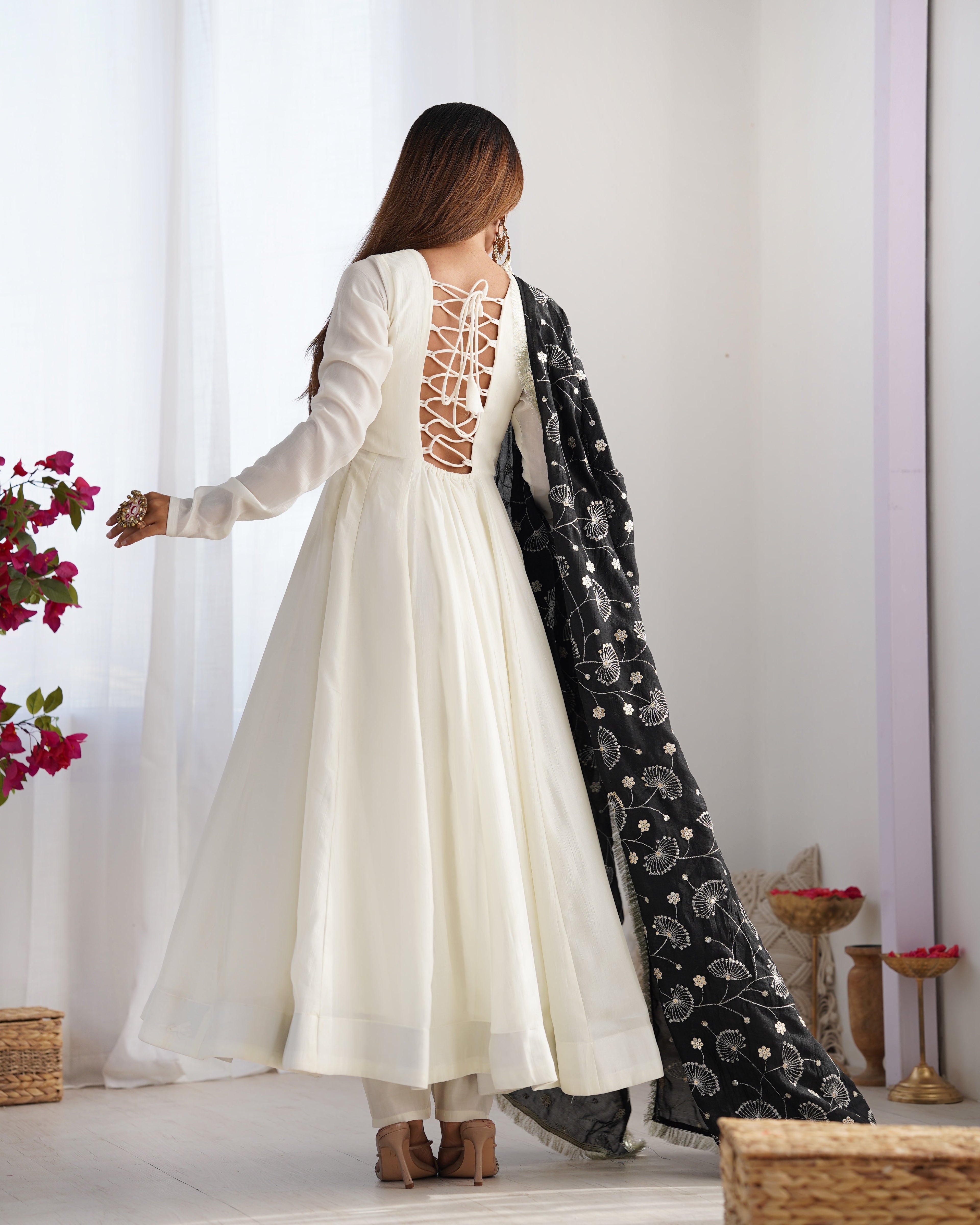WHITE COLOR SOFT VICHITRA SILK ANARKALI WITH BLACK DUPATTA