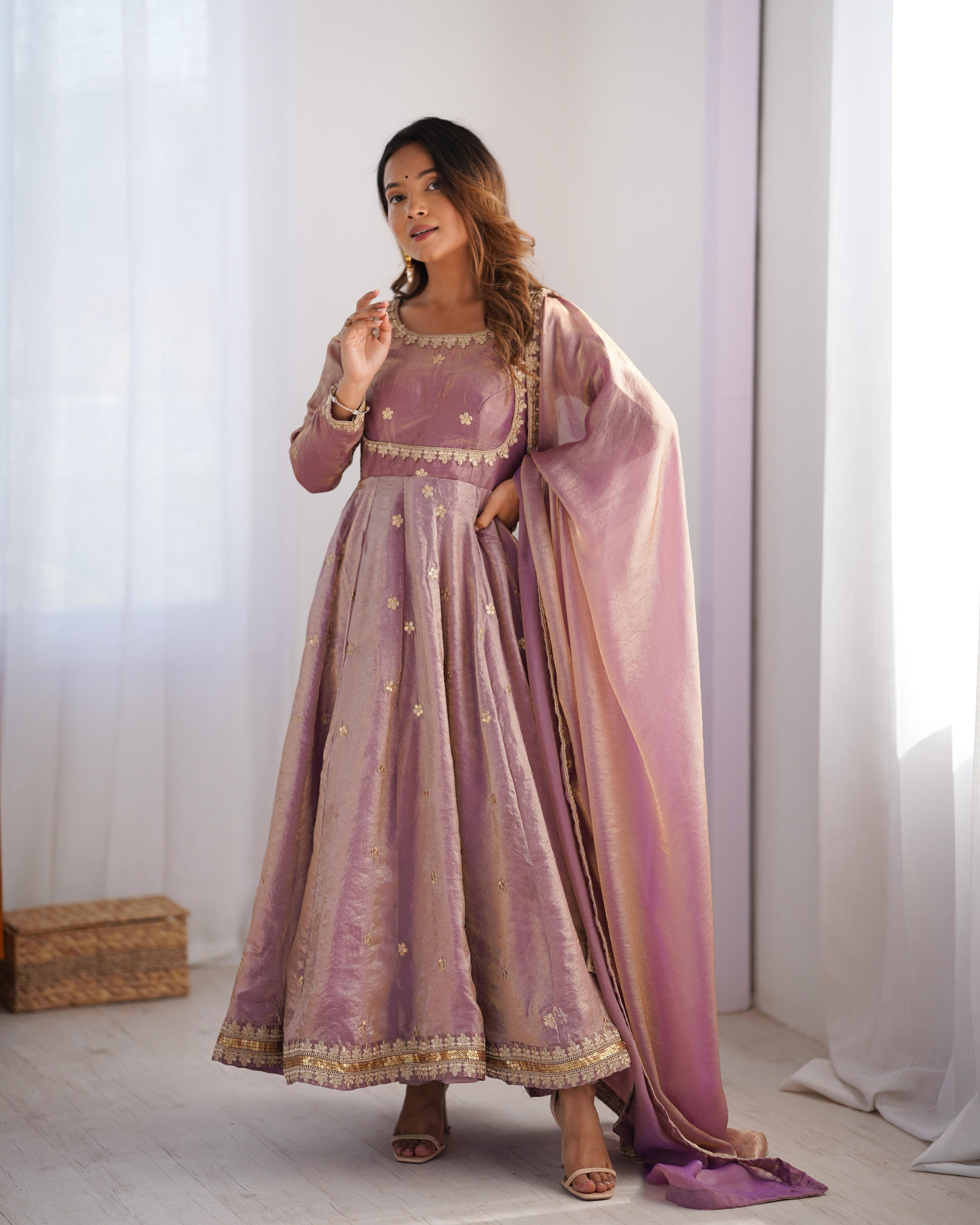 ONION PINK COLOR FANDY SILK BASE EMBROIDERED ANARKALI SUIT SET OF 3