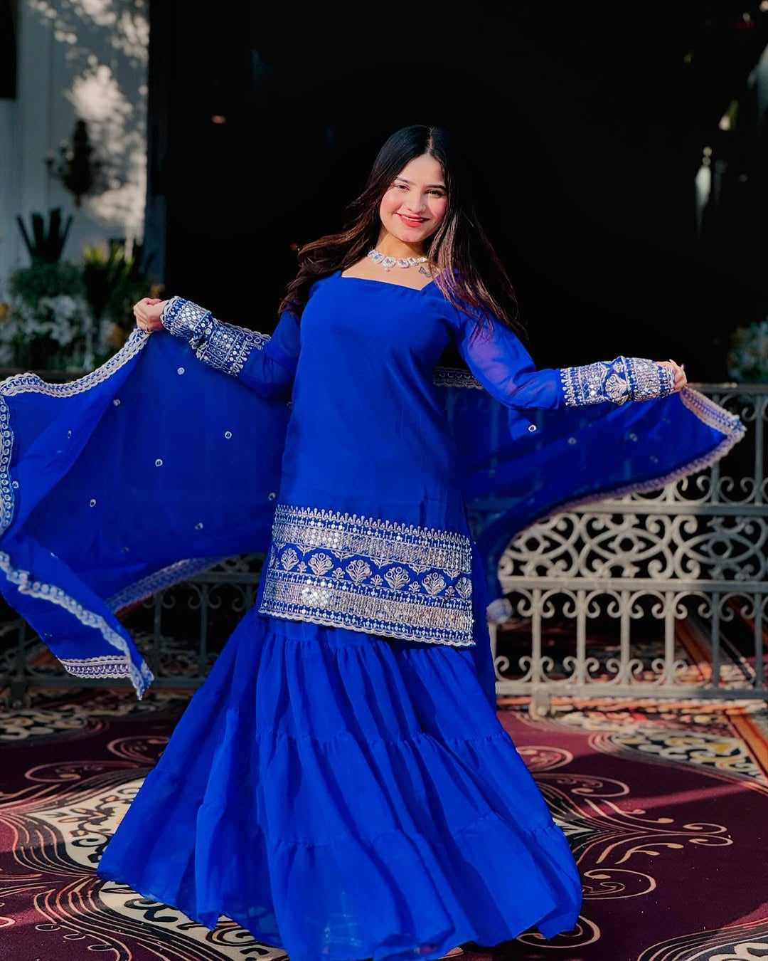 BLUE COLOR GEORGETTE BASE EMBROIDERED WORK SHARARA SUIT SET OF 3