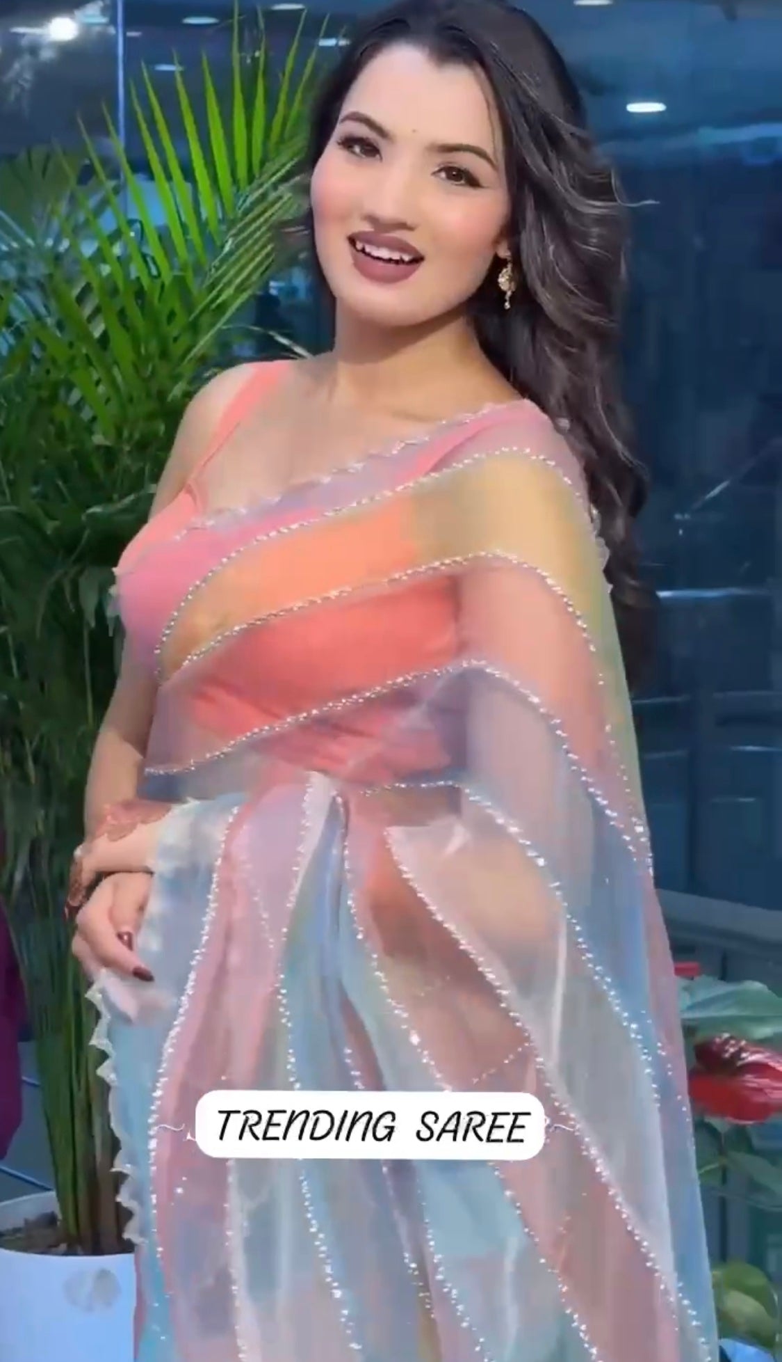 BEAUTIFUL COLORFUL ORGANZA DIAMOND WORK SAREE