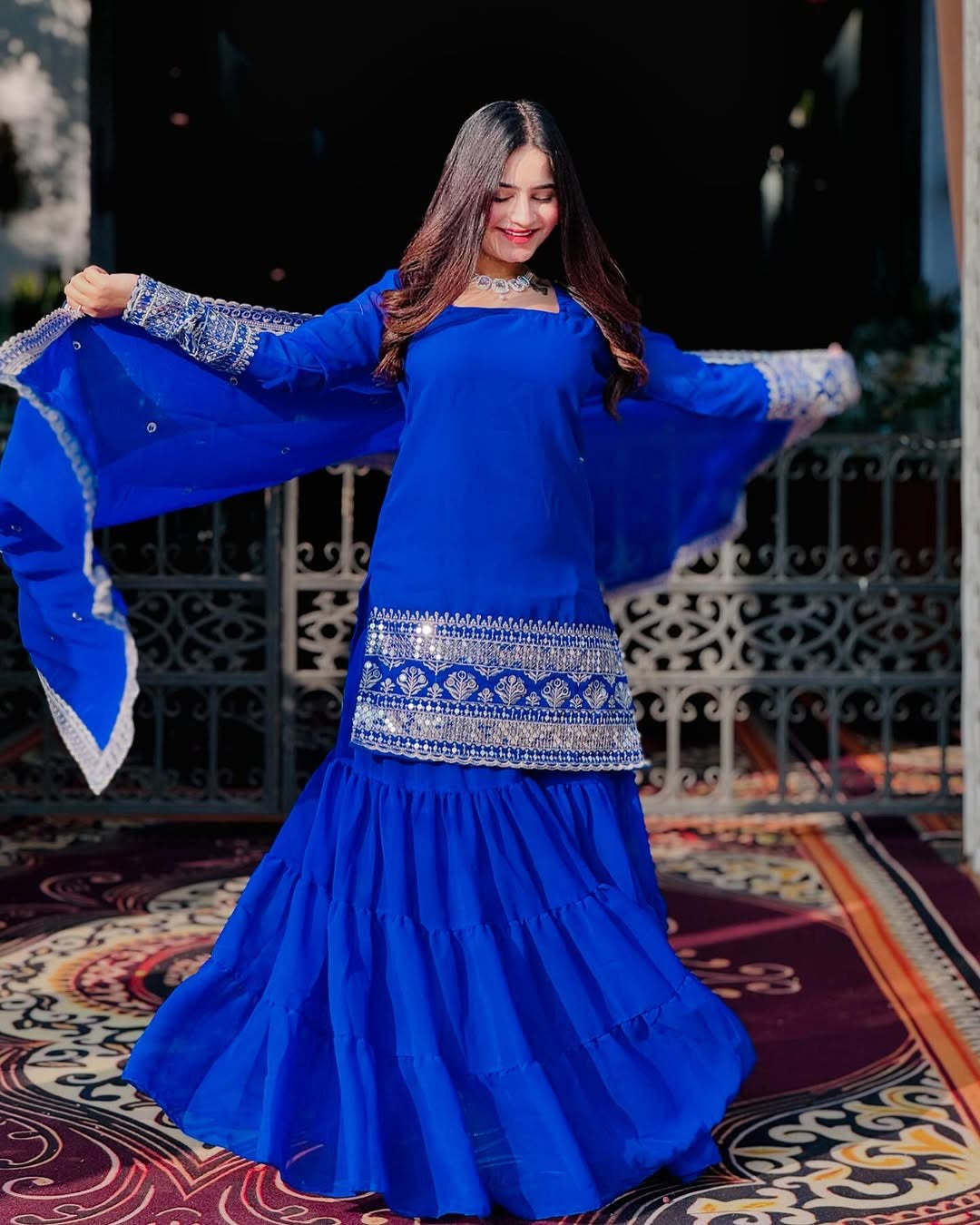 BLUE COLOR GEORGETTE BASE EMBROIDERED WORK SHARARA SUIT SET OF 3