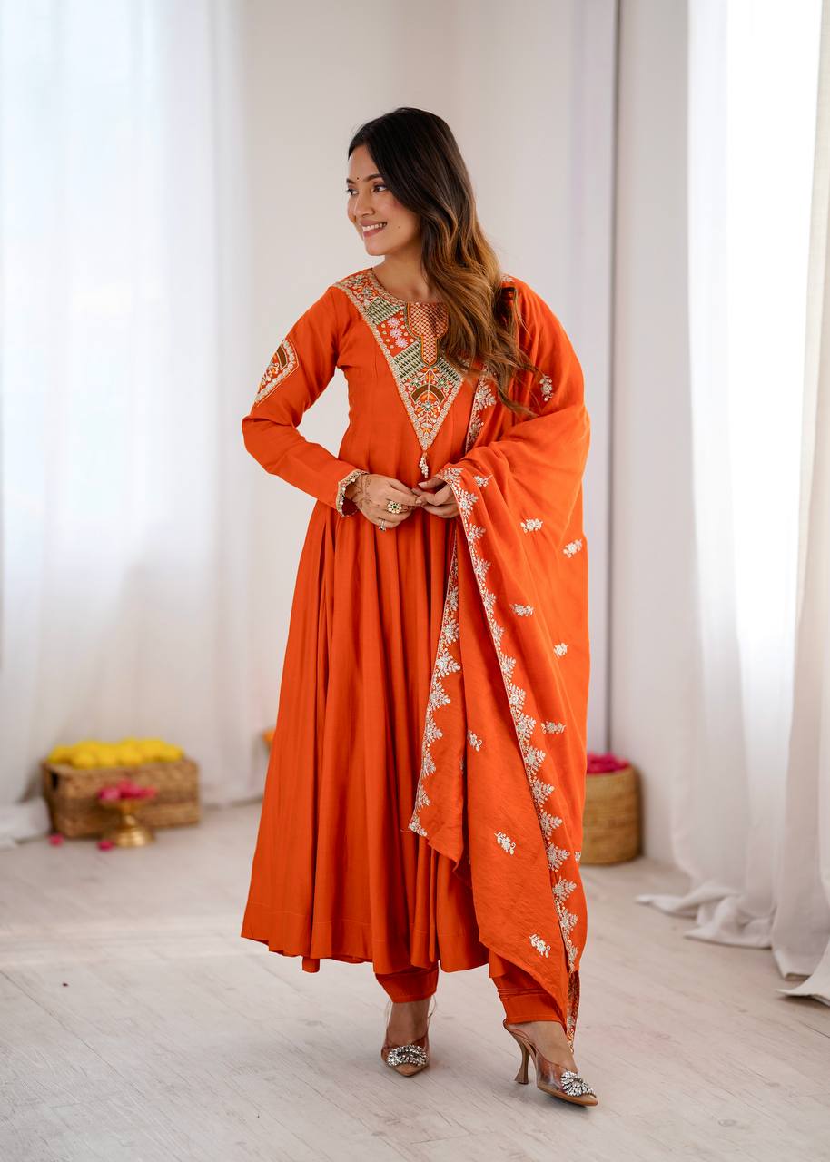 TRADITIONAL RED EMBROIDERED ANARKALI THREE PIECE SET