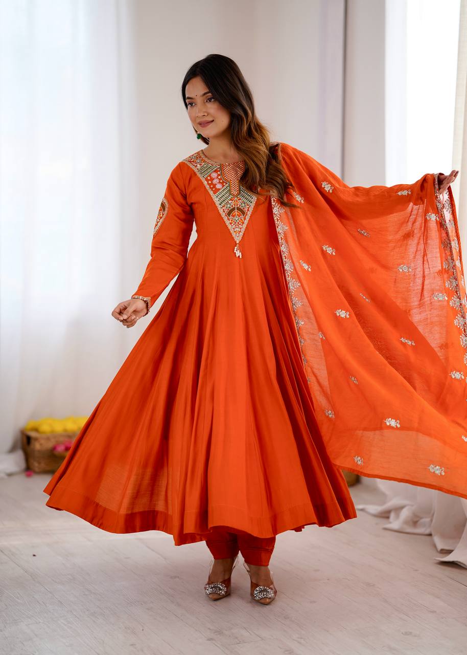 TRADITIONAL RED EMBROIDERED ANARKALI THREE PIECE SET