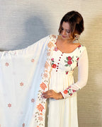 OFF WHITE FLORAL SOFT GEORGETTE THREE PIECE ANARKALI SUIT