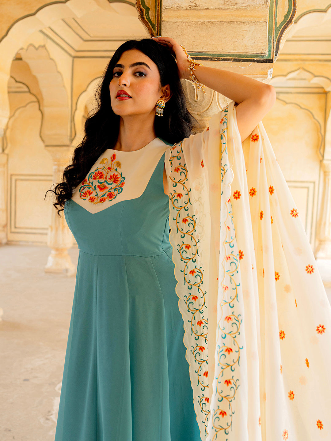 Aqua Ivory Blue Hand Embroidered Anarkali Set for Festive Wear