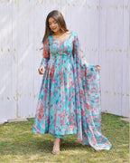 SKY BLUE MULTI COLOR PRINT ORGANZA THREE PIECE ANARKALI SUIT