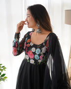 BLACK FLORAL PRINT ORGANZA THREE PIECE ANARKALI SUIT