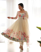 OFF WHITE FLORAL PRINT ORGANZA THREE PIECE ANARKALI SUIT