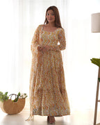 OFF-WHITE COLOR SOFT GEORGETTE THREE LAYER RUFFLE STYLE ANARKALI SUIT