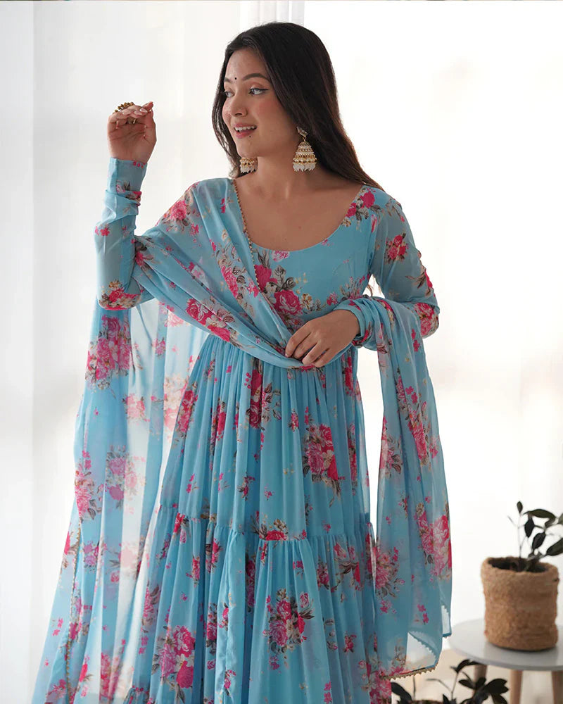 SKY BLUE COLOR GEORGETTE THREE LAYER RUFFLE STYLE ANARKALI SUIT