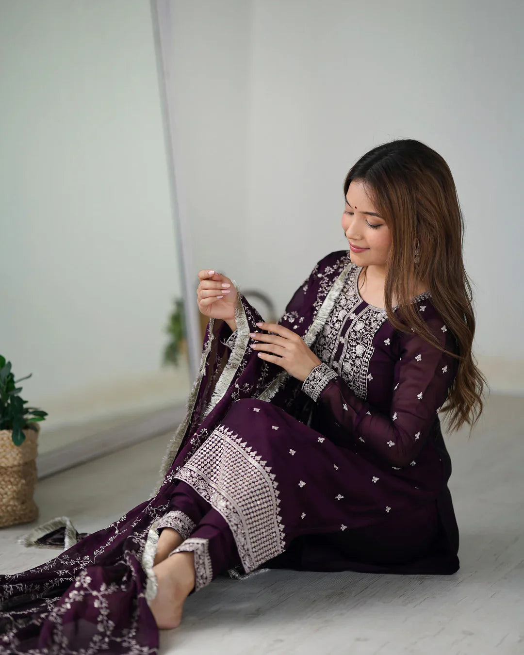 WINE COLOR RANGOLI SILK THREE PIECE KURTI SUIT