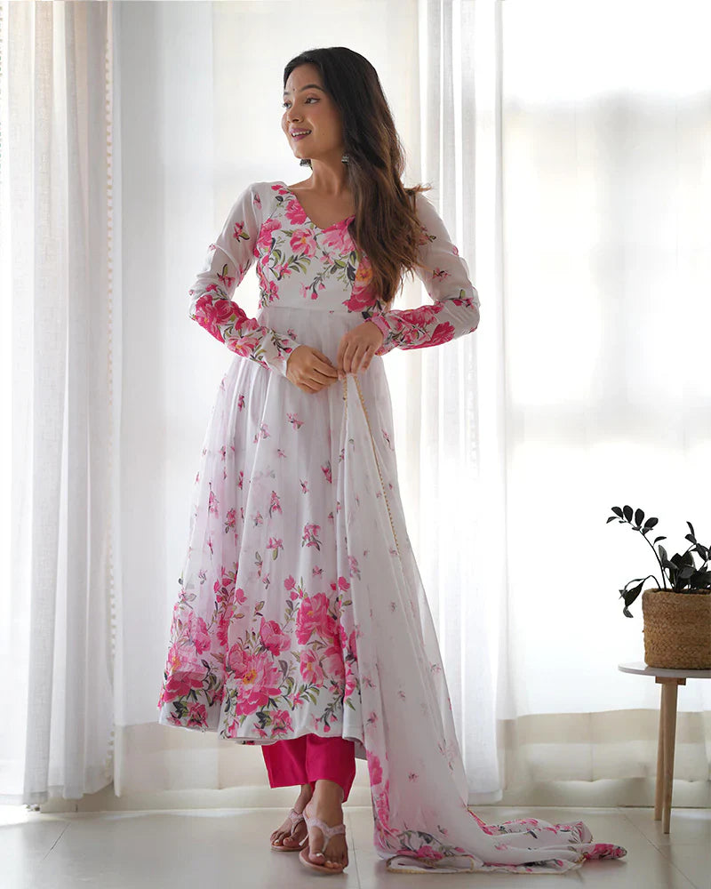 WHITE ORGANZA SILK FLORAL PRINT THREE PIECE ANARKALI SUIT