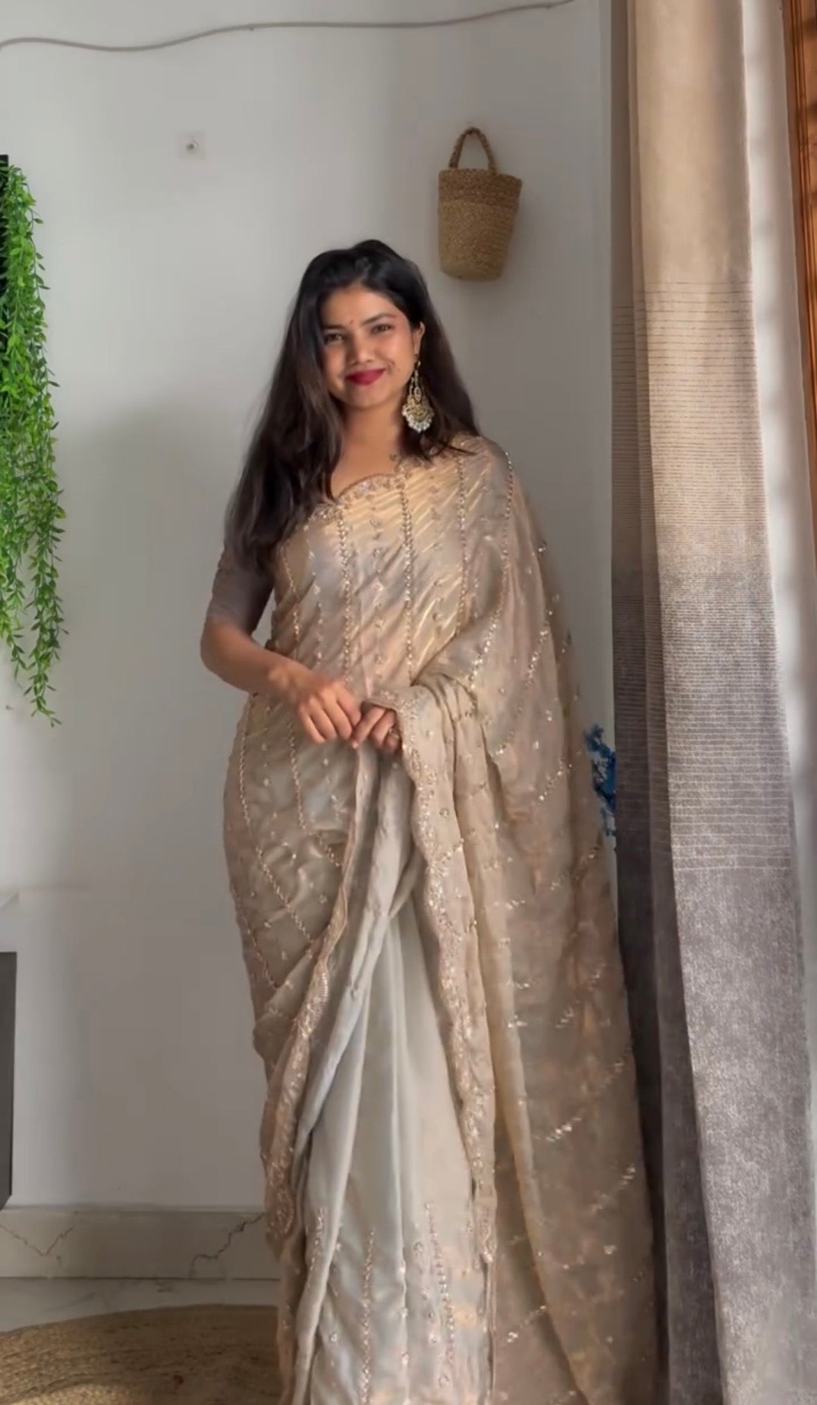 BEIGE COLOR WEDDING WEAR SPACE SILK FABRIC HANDWORK SAREE