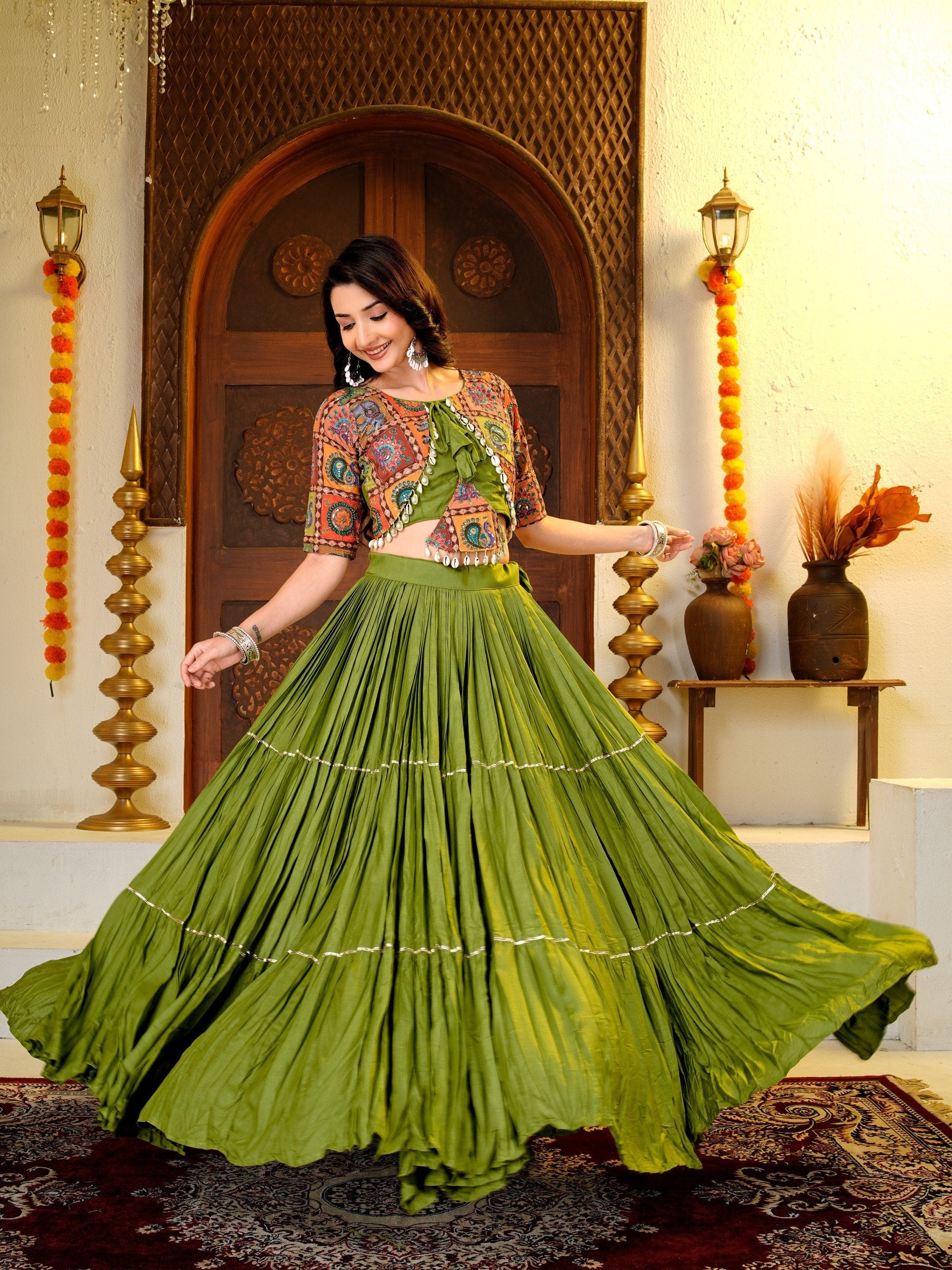 ELEGANT GREEN NAVRATRI COTTON LEHENGA CHOLI WITH TRADITIONAL PRINT