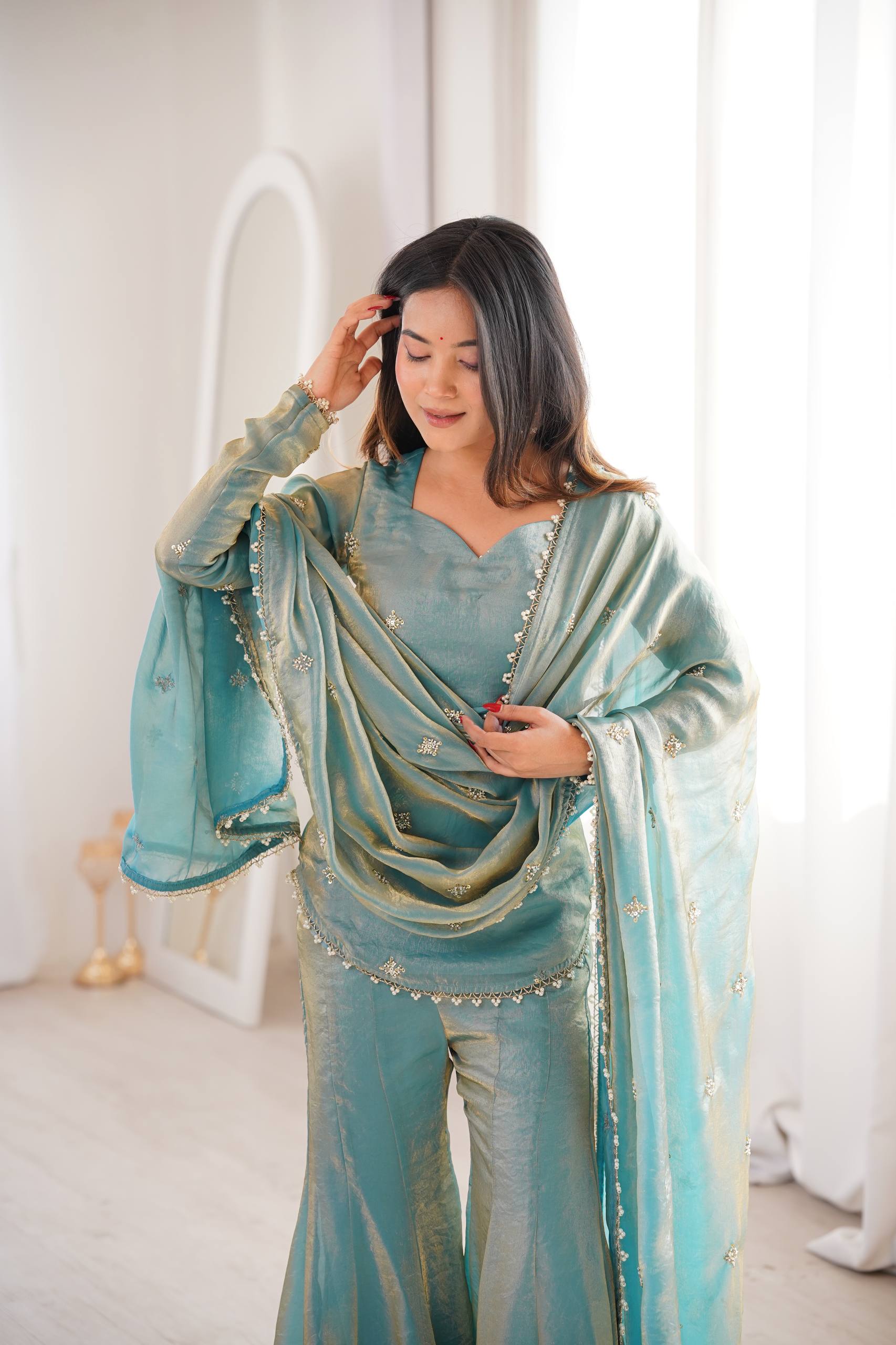 ETHNICVOUGE PREMIUM FENDI SILK BASE EMBROIDERED SALWAR SUIT SET OF 3