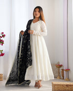 WHITE COLOR SOFT VICHITRA SILK ANARKALI WITH BLACK DUPATTA