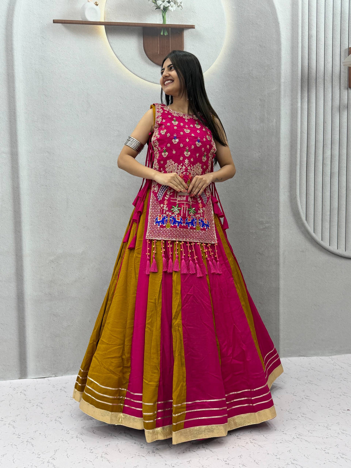 ROYAL PURPLE DUAL-TONE SILK LEHENGA CHOLI WITH EMBROIDERED TASSEL KOTI
