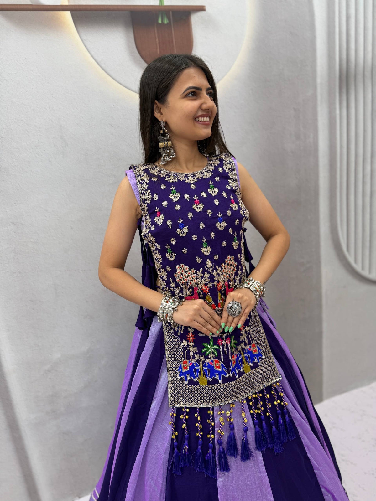 ROYAL PURPLE DUAL-TONE SILK LEHENGA CHOLI WITH EMBROIDERED TASSEL KOTI