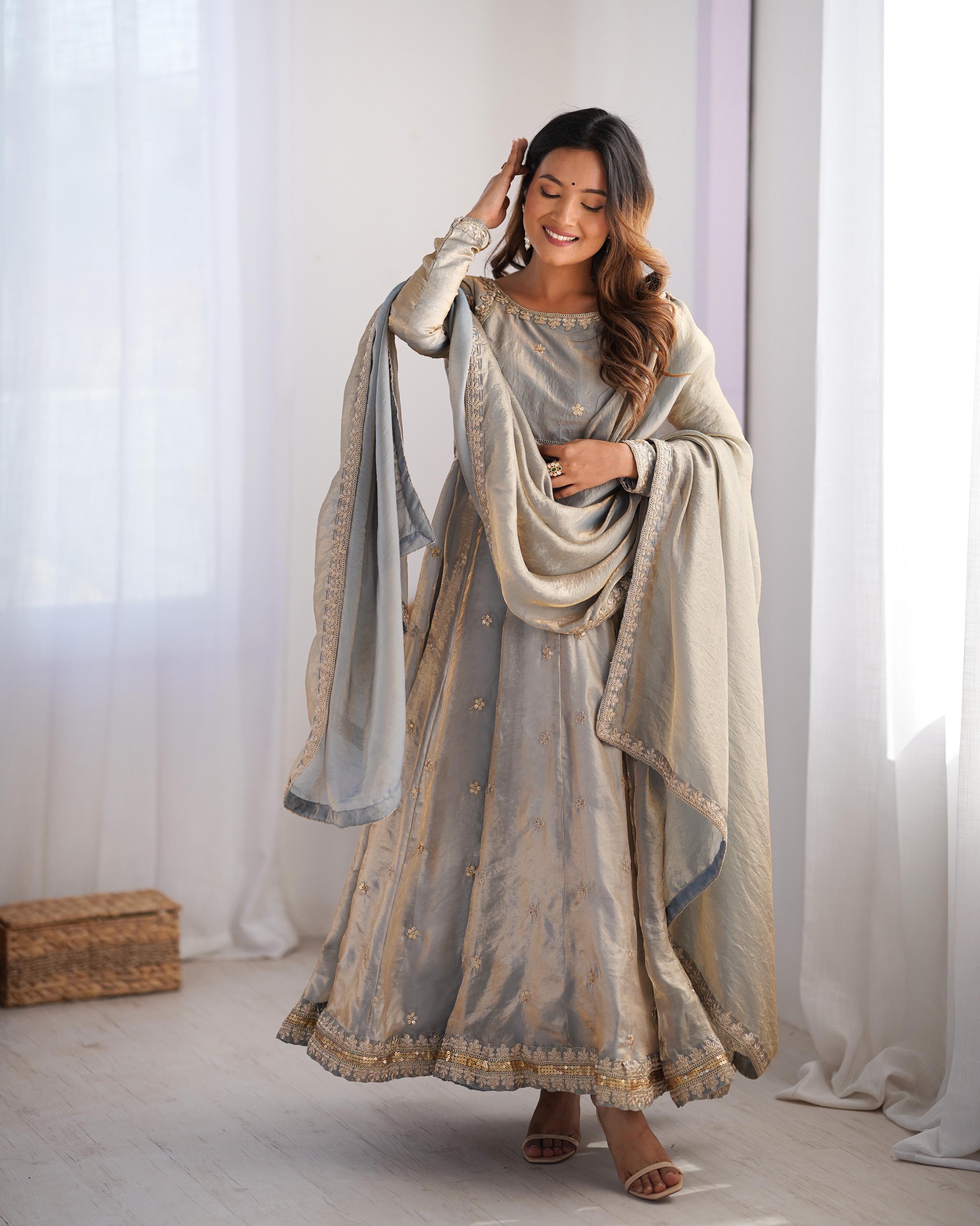 GRAY COLOR FANDY SILK BASE EMBROIDERED ANARKALI SUIT SET OF 3
