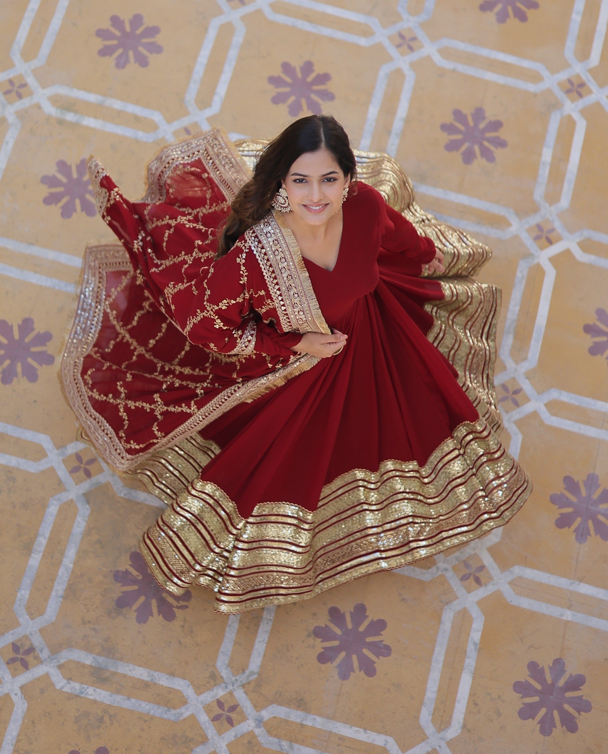 DESIGNER MAROON COLOR BLOOMING SEQUENCE EMBROIDERY WORK GOWN