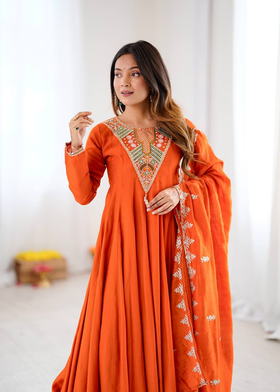 TRADITIONAL RED EMBROIDERED ANARKALI THREE PIECE SET