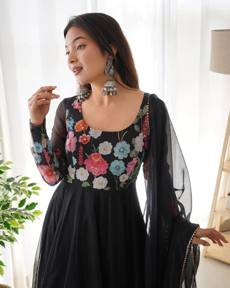BLACK FLORAL PRINT ORGANZA THREE PIECE ANARKALI SUIT