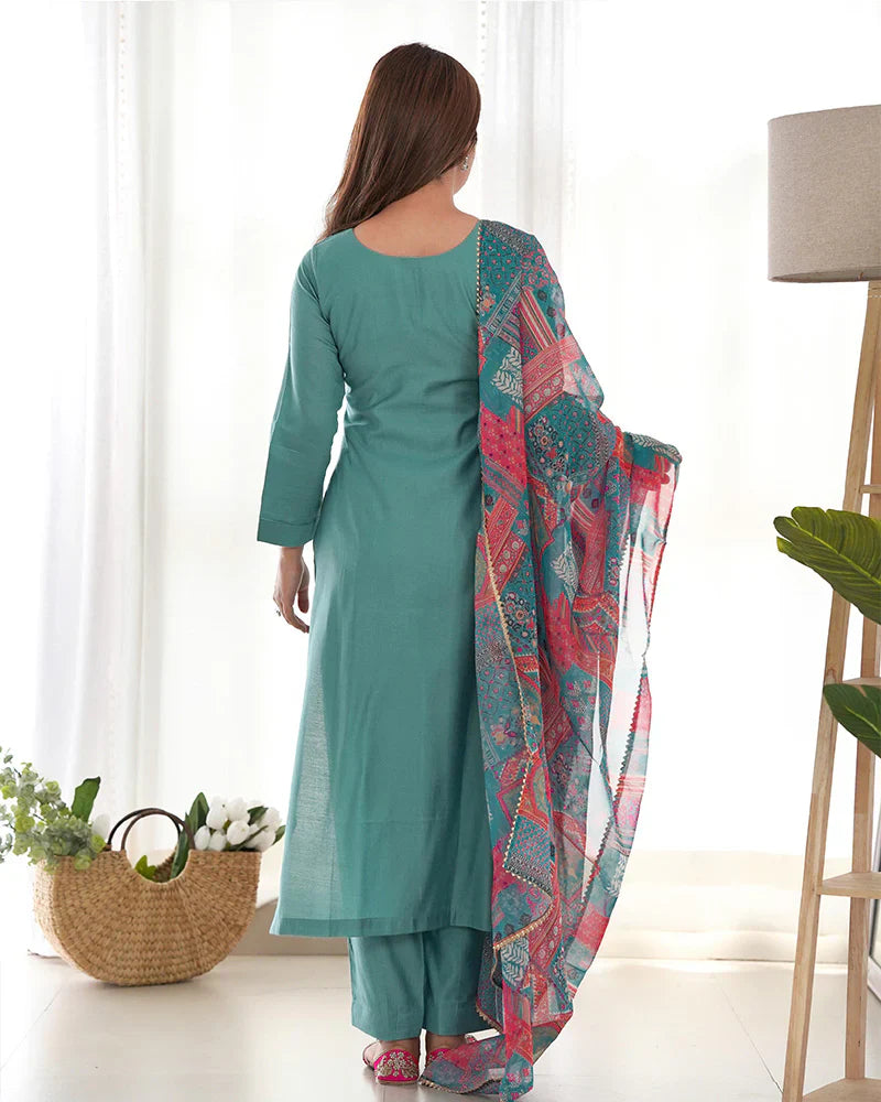 SEA GREEN COLOR VISCOSE READY TO WEAR THREE PIECE KURTI SUIT