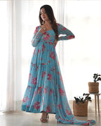 SKY BLUE COLOR GEORGETTE THREE LAYER RUFFLE STYLE ANARKALI SUIT