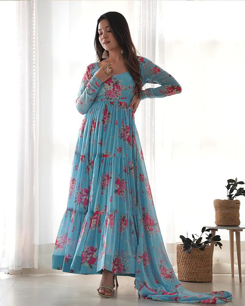 SKY BLUE COLOR GEORGETTE THREE LAYER RUFFLE STYLE ANARKALI SUIT