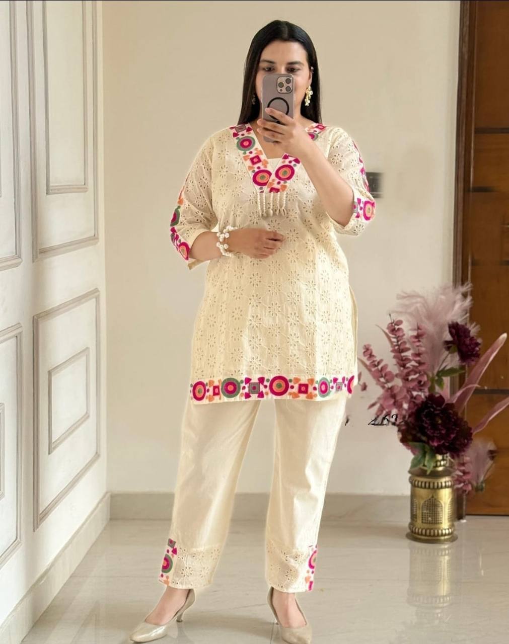 PURE KHADI COTTON SCIFFLI EMBROIDERED WORK CO-ORD SET
