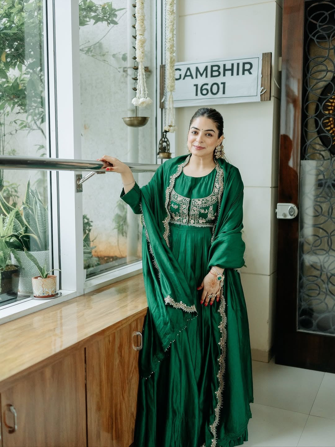 GREEN COLOR SILK BASE EMBROIDERED WORK ANARKALI SUIT SET OF 3