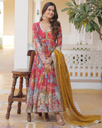 WEDDING WEAR FLORAL EMBROIDERED RED COLOR ALIA CUT GOWN WITH DUPATTA