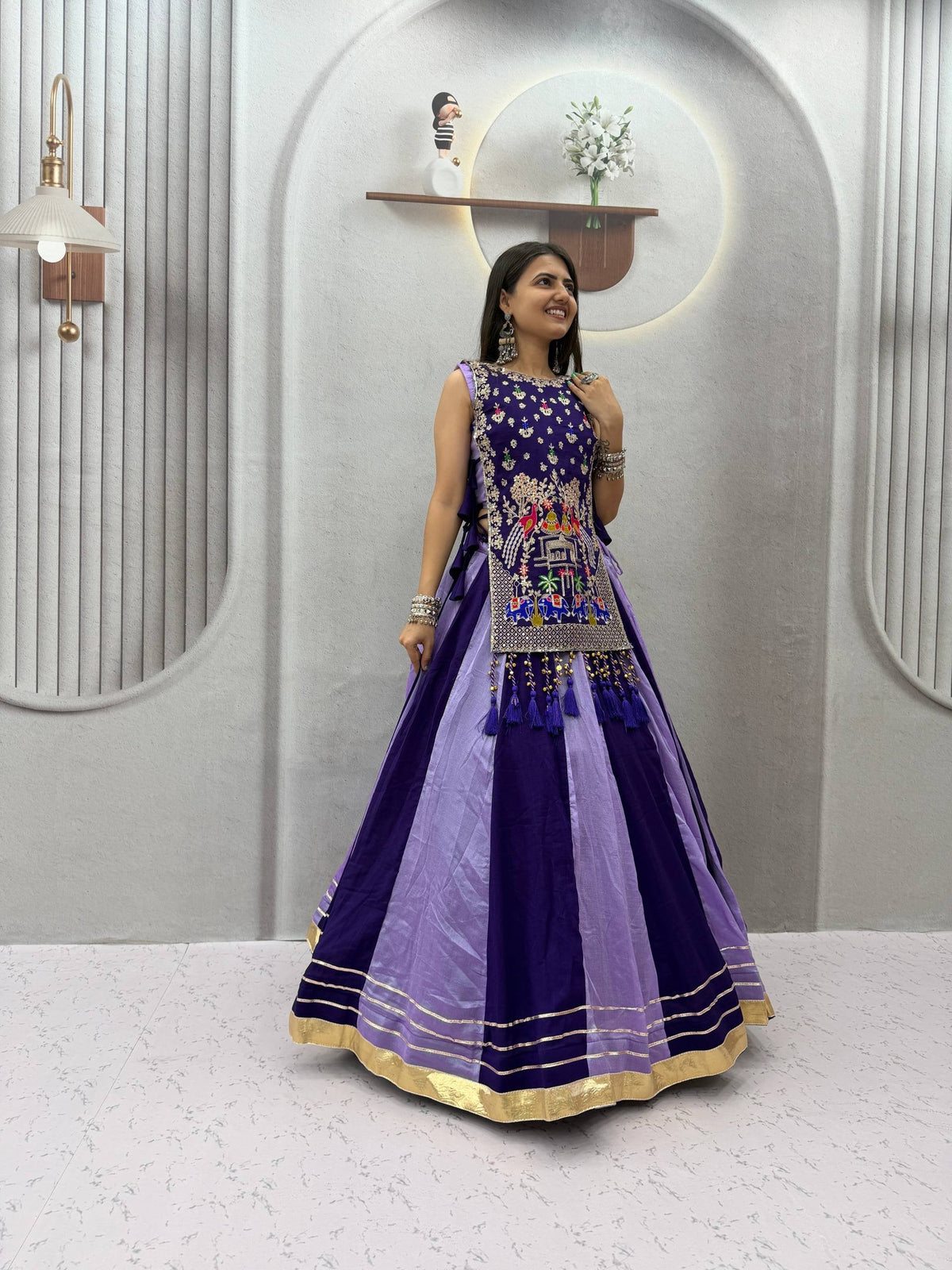 ROYAL PURPLE DUAL-TONE SILK LEHENGA CHOLI WITH EMBROIDERED TASSEL KOTI