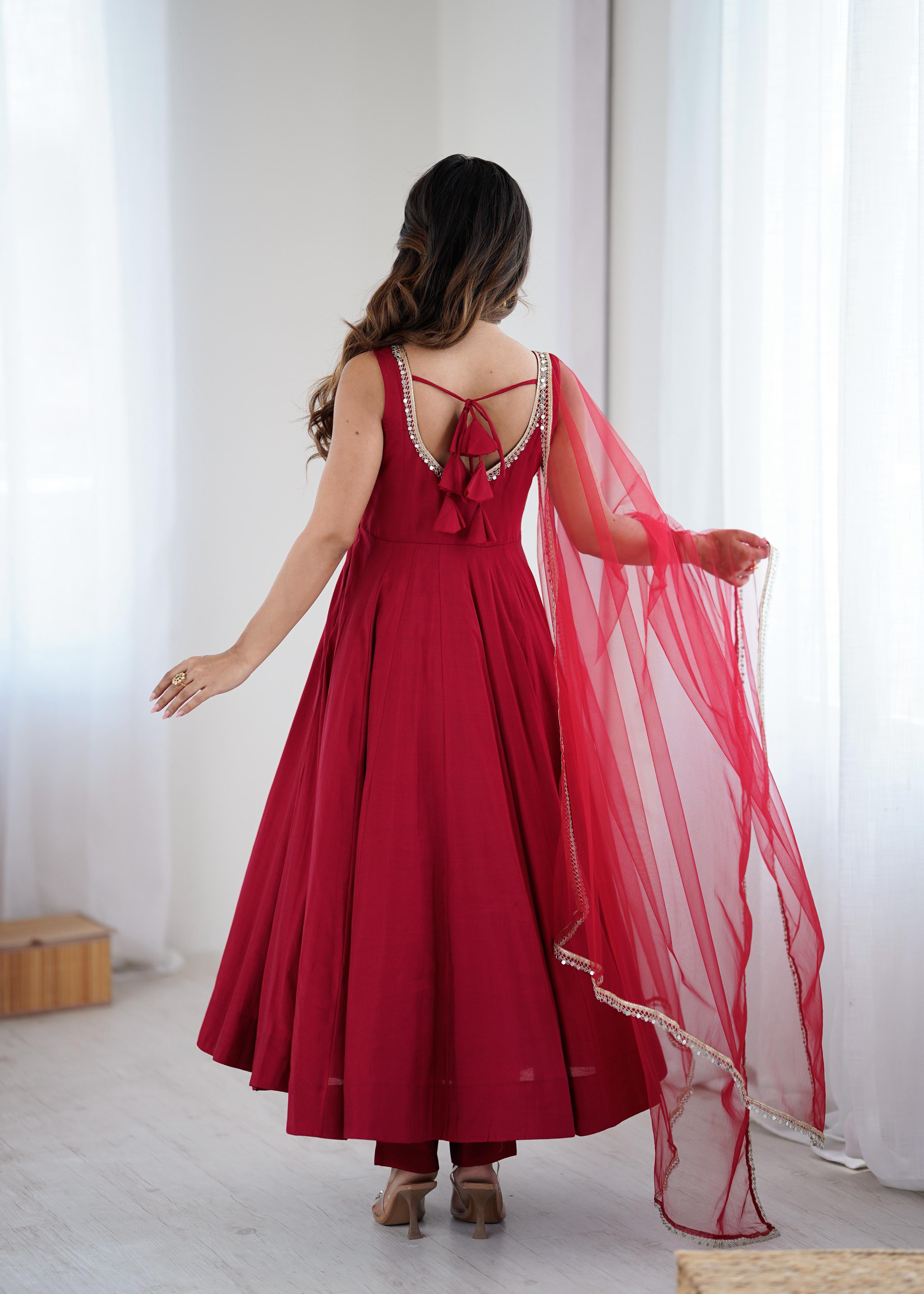 MAROON COLOR PURE ROMANSILK CHANDERI FABRIC BASE FULLY FLAIR ANARKALI SUIT SET OF 3