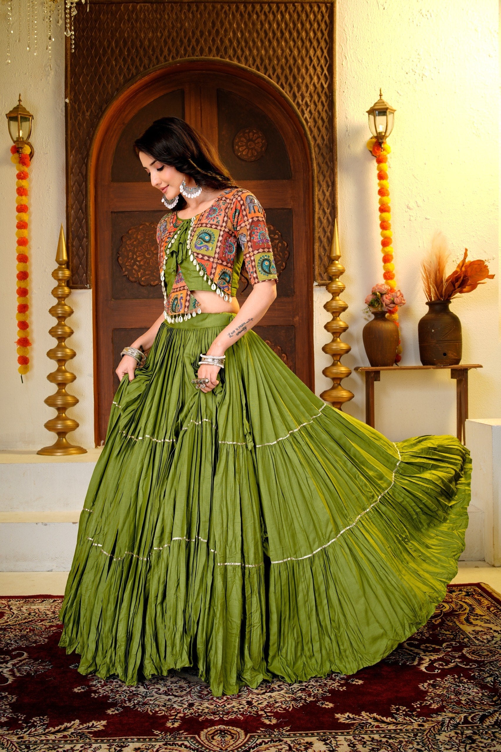 ELEGANT GREEN NAVRATRI COTTON LEHENGA CHOLI WITH TRADITIONAL PRINT