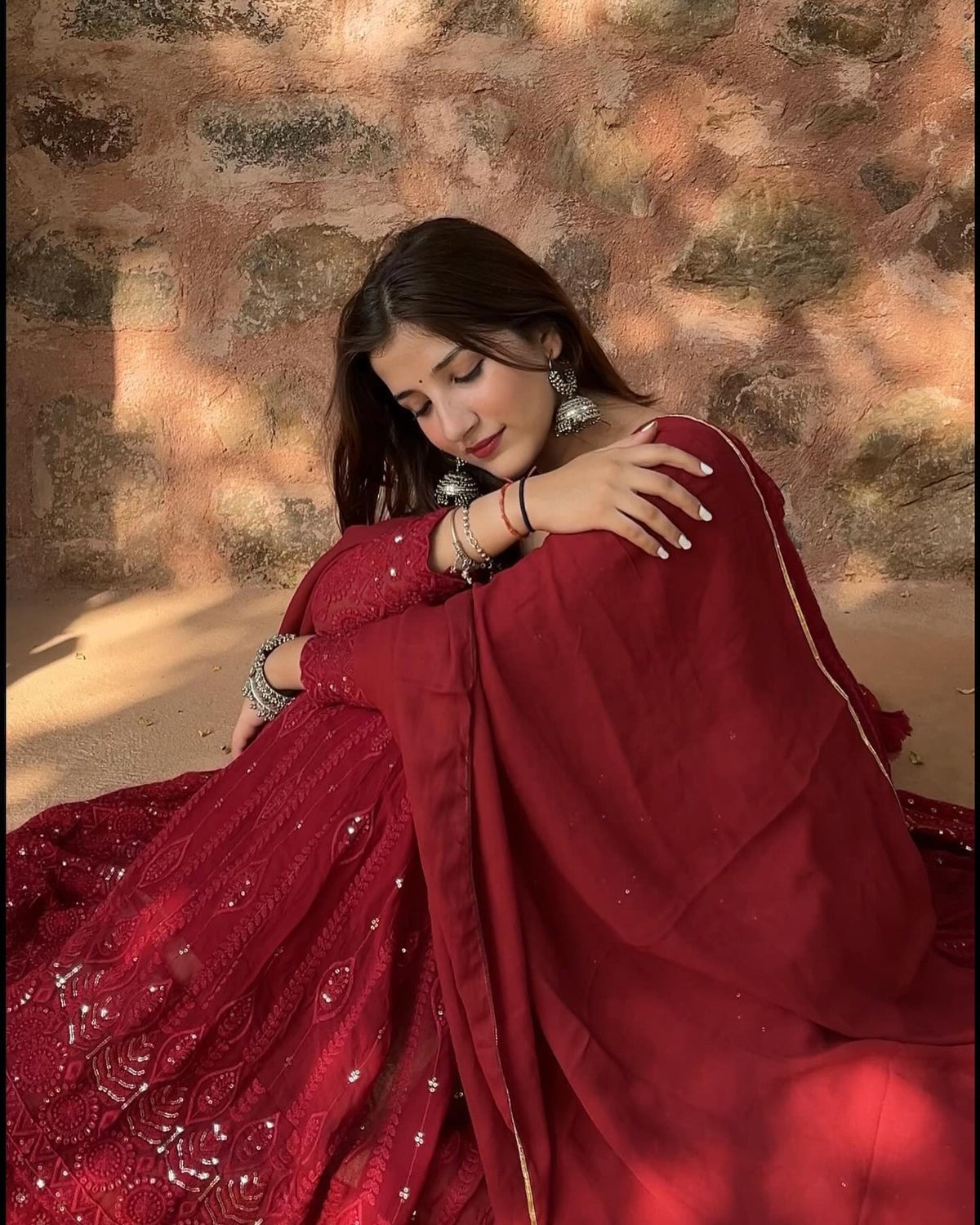 MAROON COLOR EMBROIDERED WORK GEORGETTE BASE ANARKALI SUIT SET OF 3