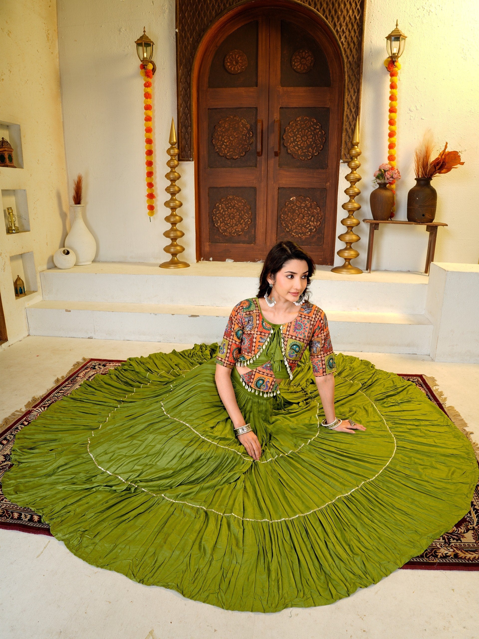 ELEGANT GREEN NAVRATRI COTTON LEHENGA CHOLI WITH TRADITIONAL PRINT