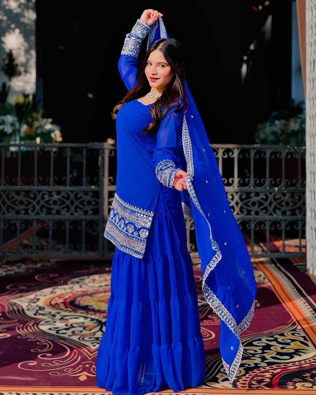 BLUE COLOR GEORGETTE BASE EMBROIDERED WORK SHARARA SUIT SET OF 3