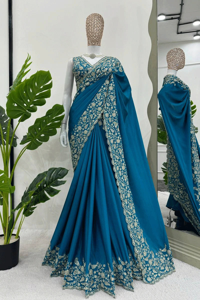 BEAUTIFUL BLUE SAREE IN EMBROIDERY THREAD AND SEQUENCE WORK