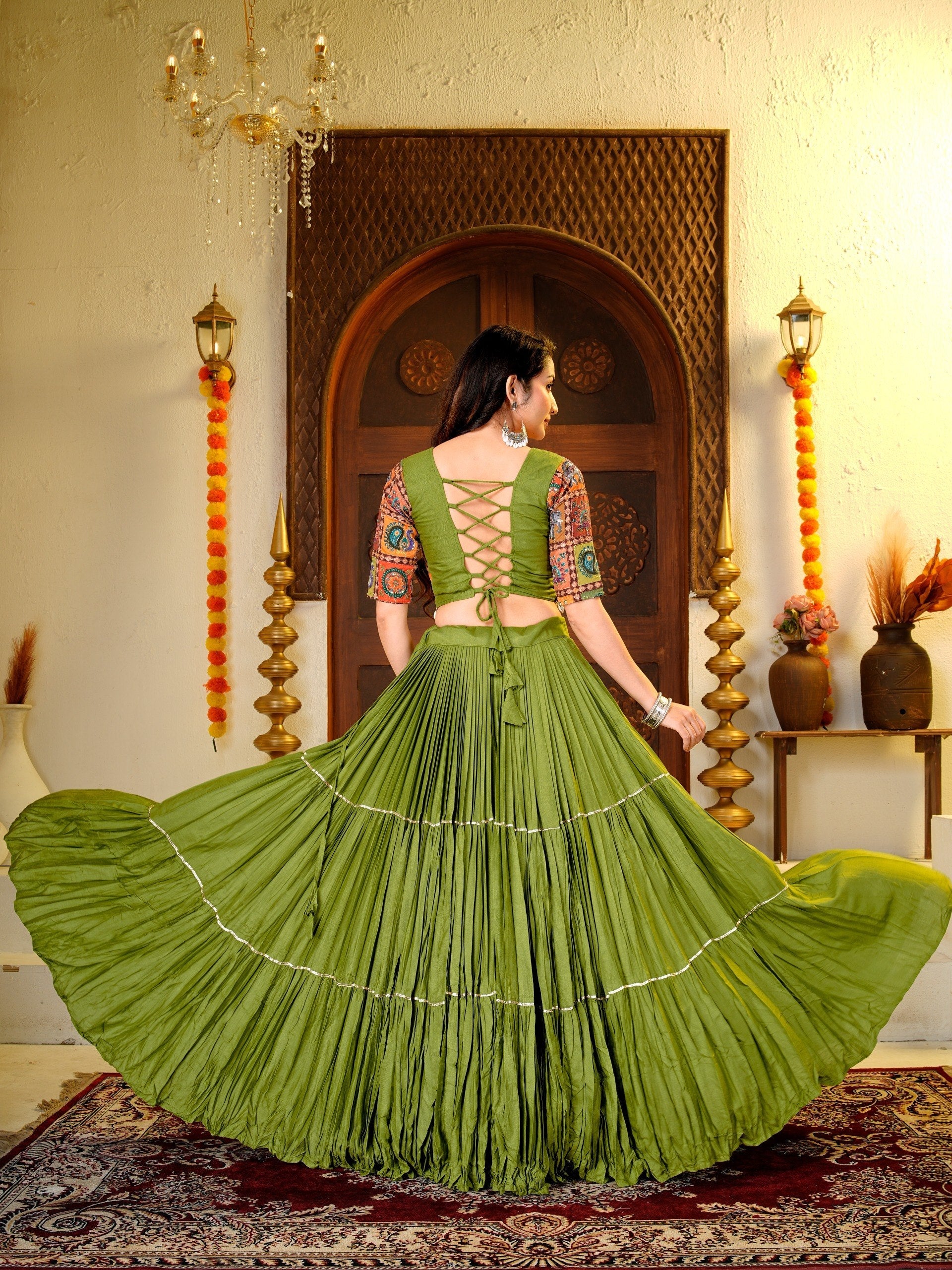 ELEGANT GREEN NAVRATRI COTTON LEHENGA CHOLI WITH TRADITIONAL PRINT