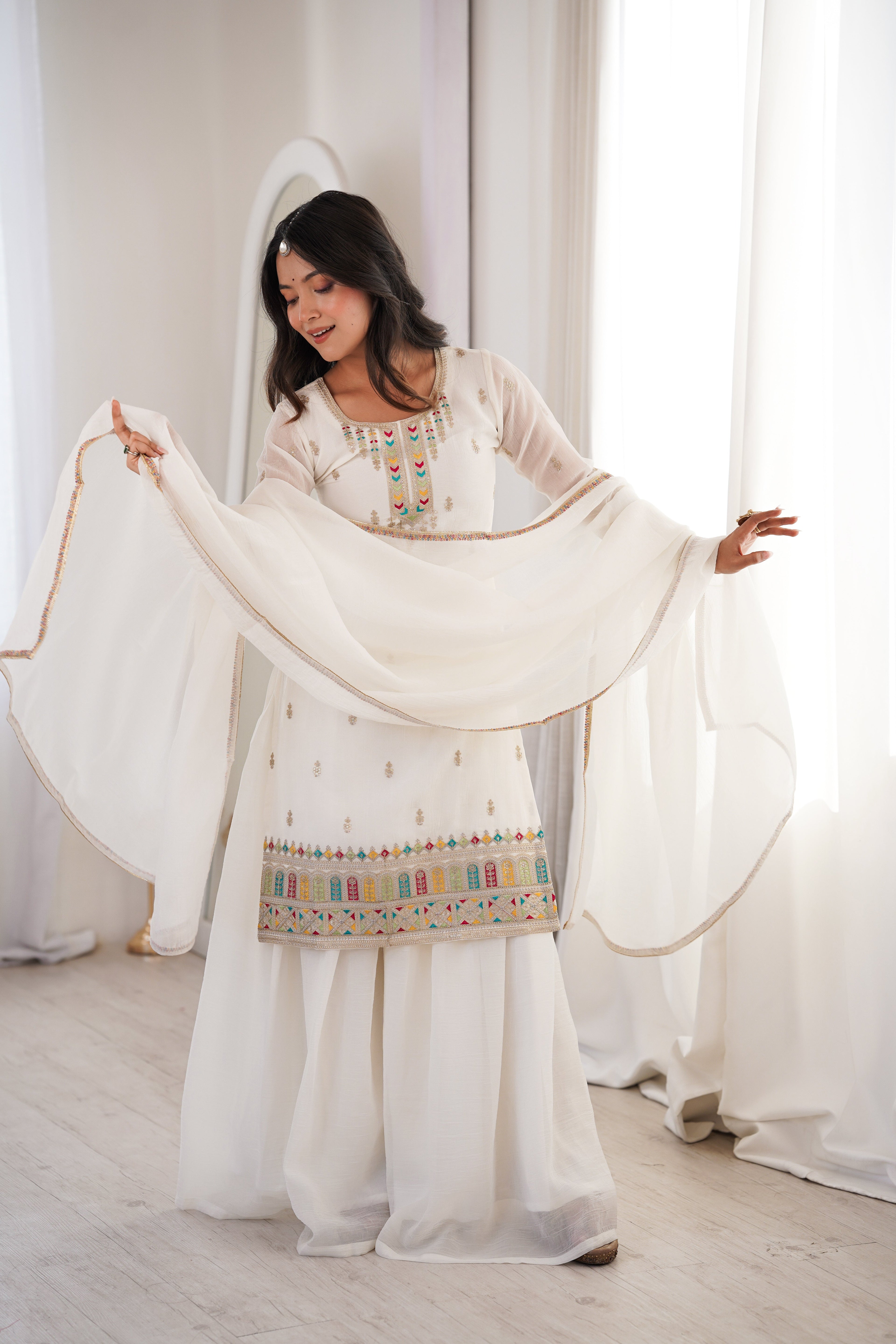 WHITE COLOR CRUNCHY SILK EMBROIDERED PLAZZO SUIT