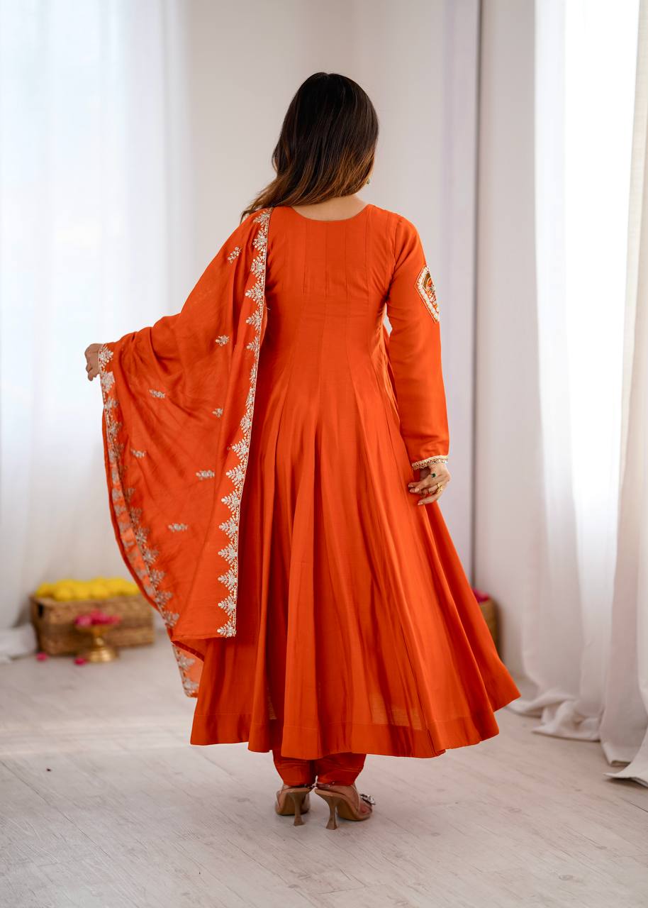 TRADITIONAL RED EMBROIDERED ANARKALI THREE PIECE SET