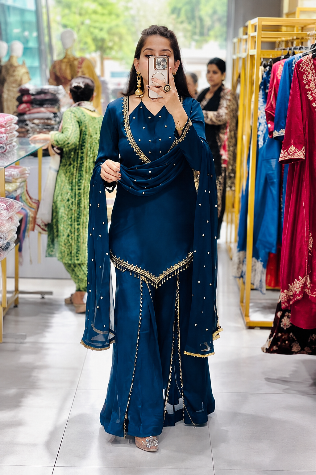 DESIGNER NAVY BLUE ROMAN GLASS SILK EMBROIDERED SHARARA SUIT SET