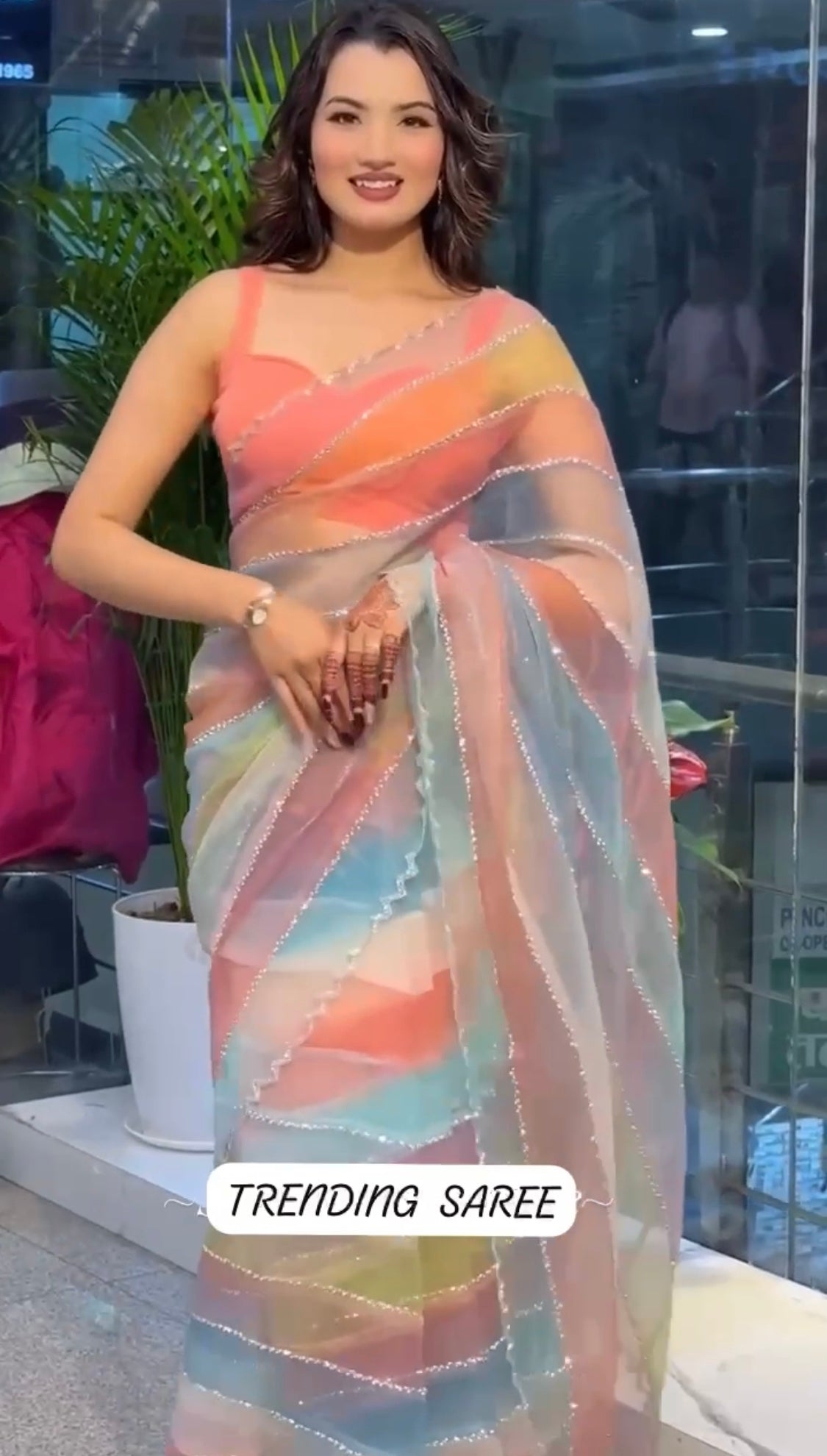 BEAUTIFUL COLORFUL ORGANZA DIAMOND WORK SAREE