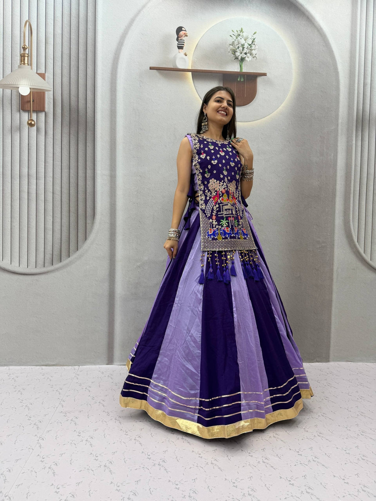 ROYAL PURPLE DUAL-TONE SILK LEHENGA CHOLI WITH EMBROIDERED TASSEL KOTI