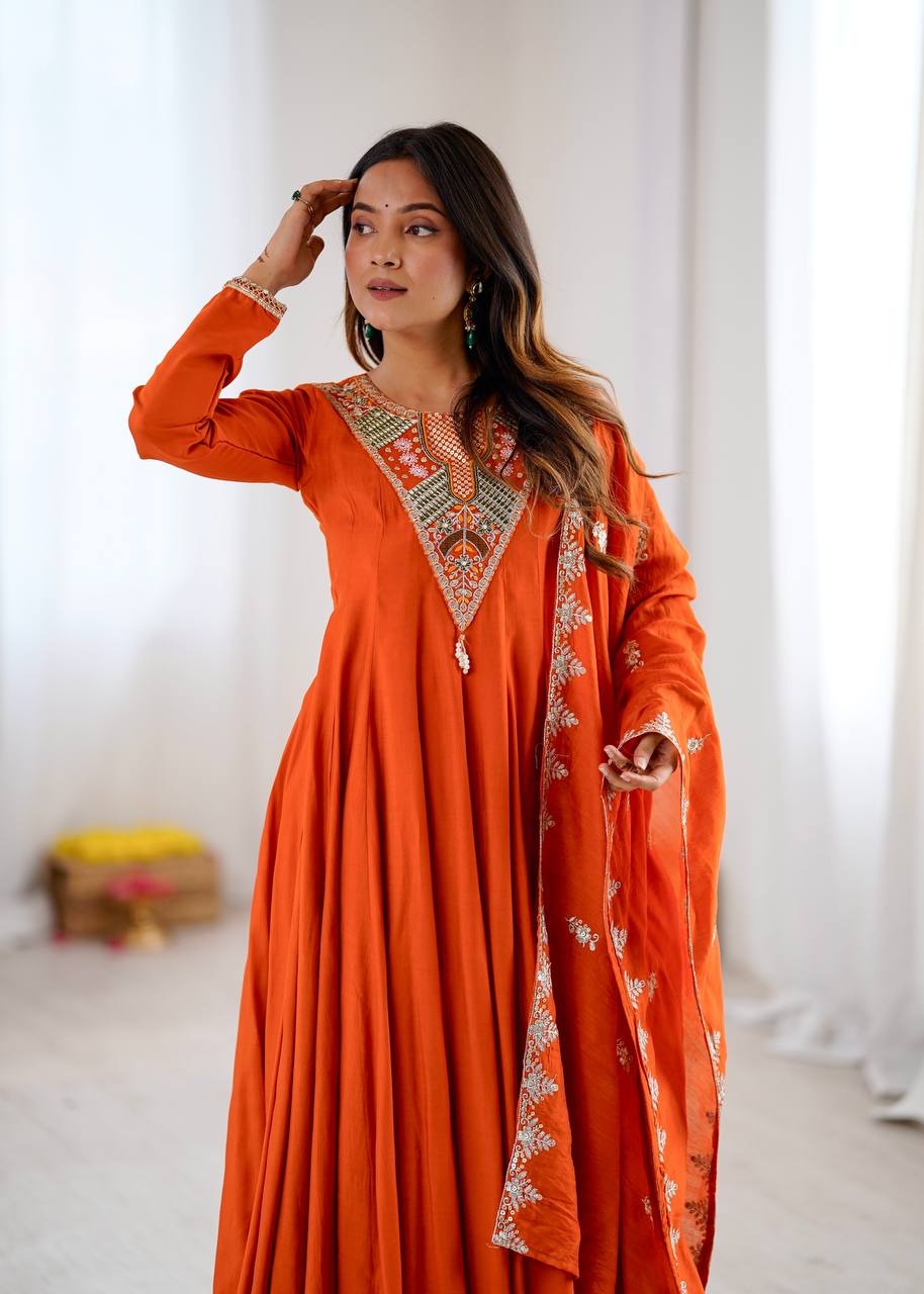 TRADITIONAL RED EMBROIDERED ANARKALI THREE PIECE SET