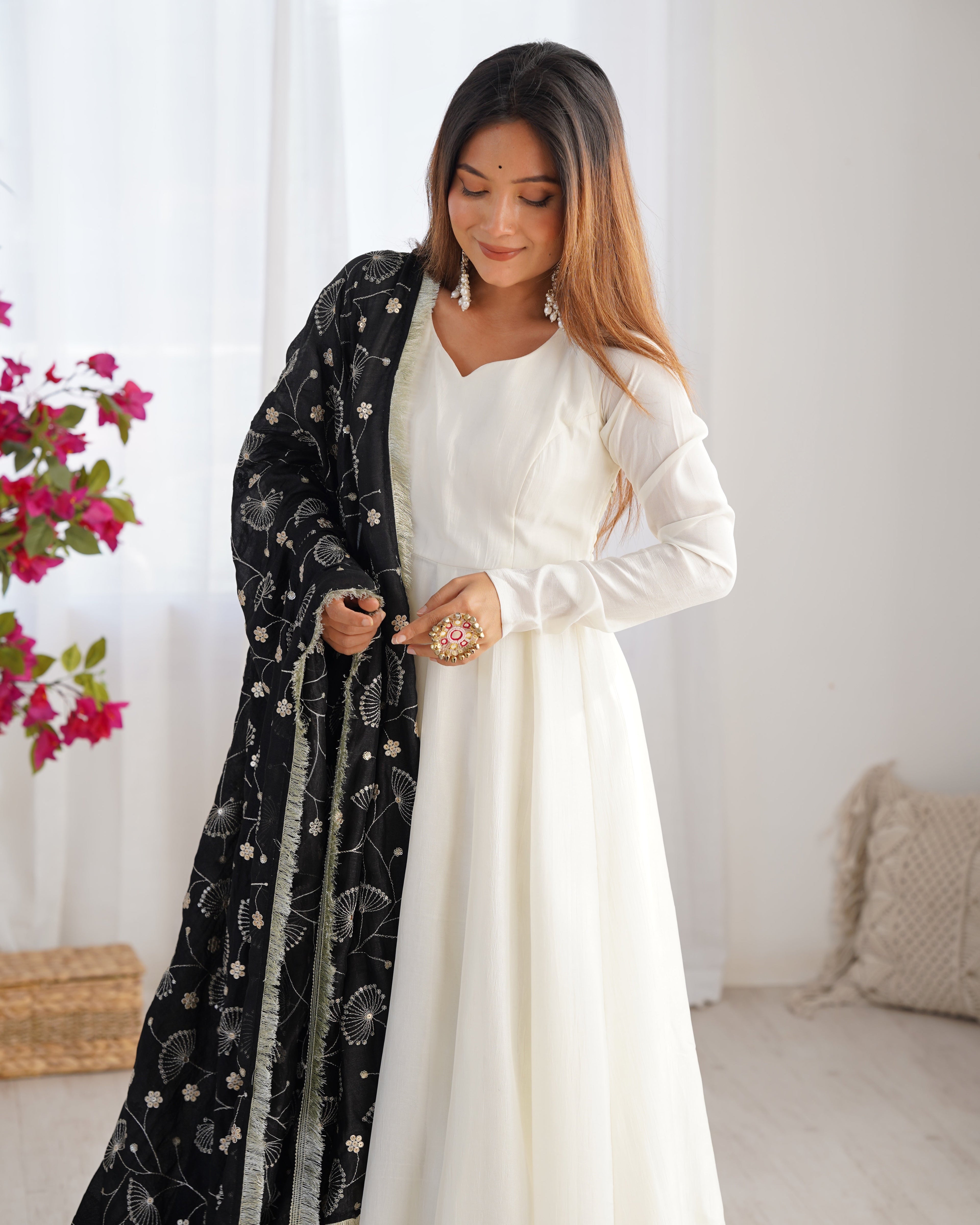 WHITE COLOR SOFT VICHITRA SILK ANARKALI WITH BLACK DUPATTA