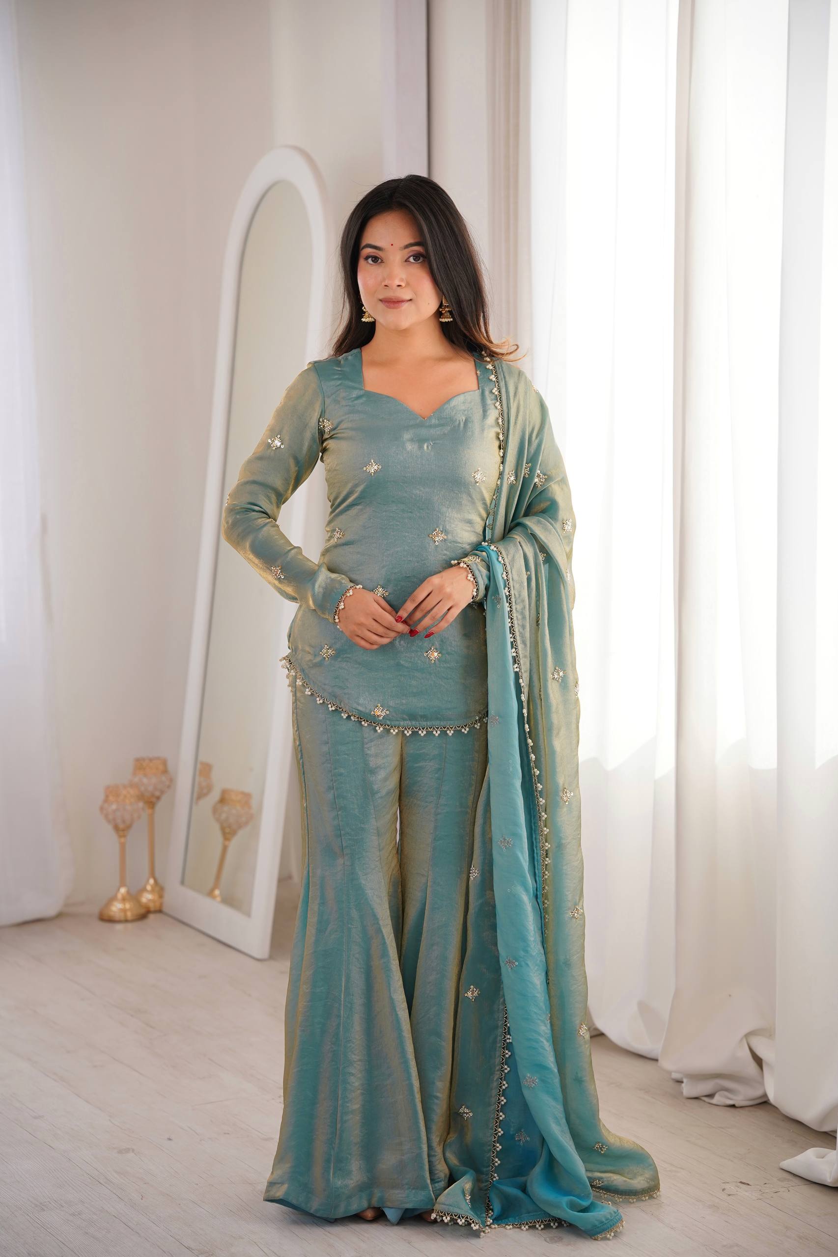 ETHNICVOUGE PREMIUM FENDI SILK BASE EMBROIDERED SALWAR SUIT SET OF 3