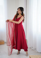 MAROON COLOR PURE ROMANSILK CHANDERI FABRIC BASE FULLY FLAIR ANARKALI SUIT SET OF 3