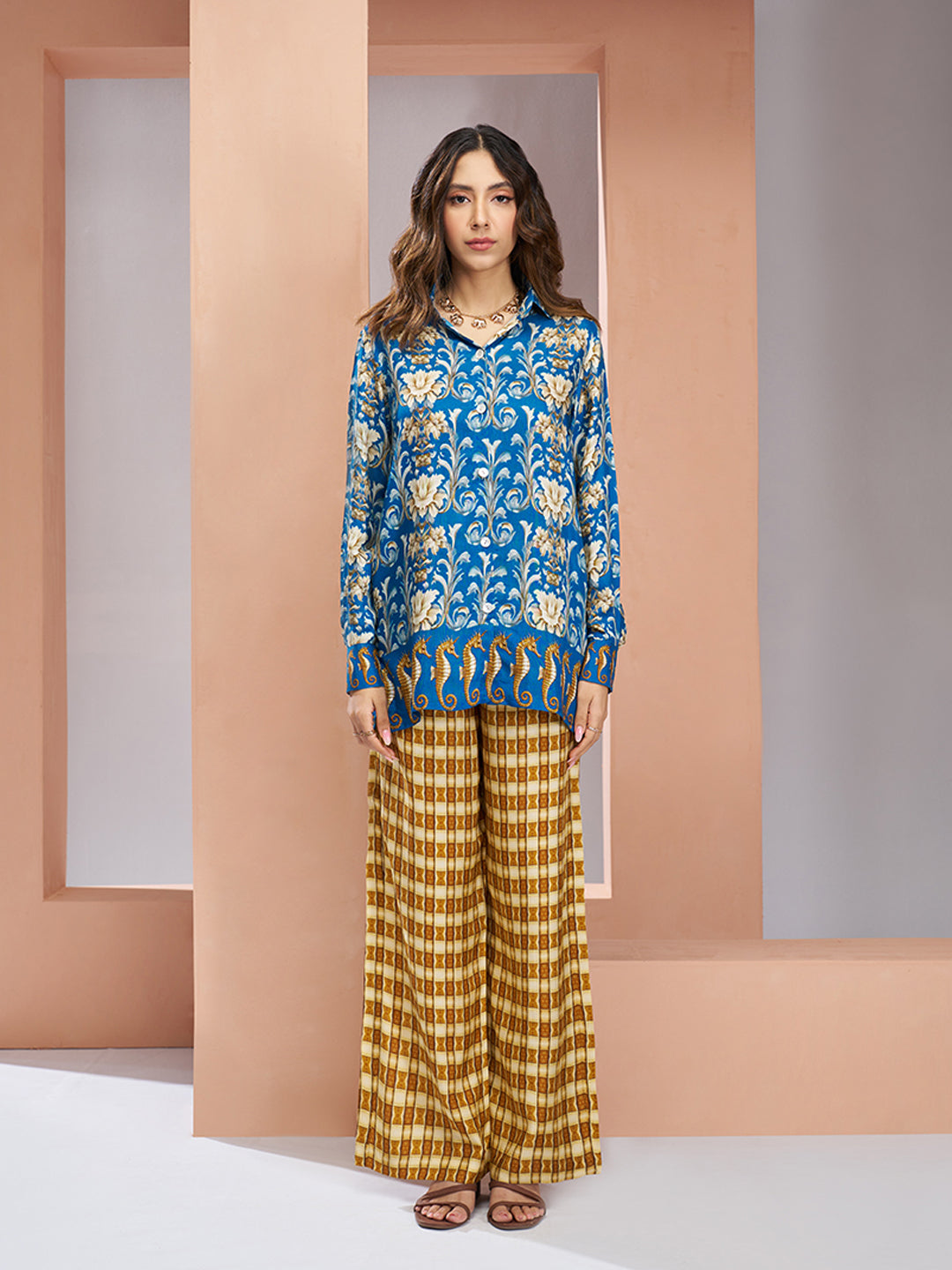 Royal Blue Floral Designer Pure Muslin Silk Co-Ord Set for Women